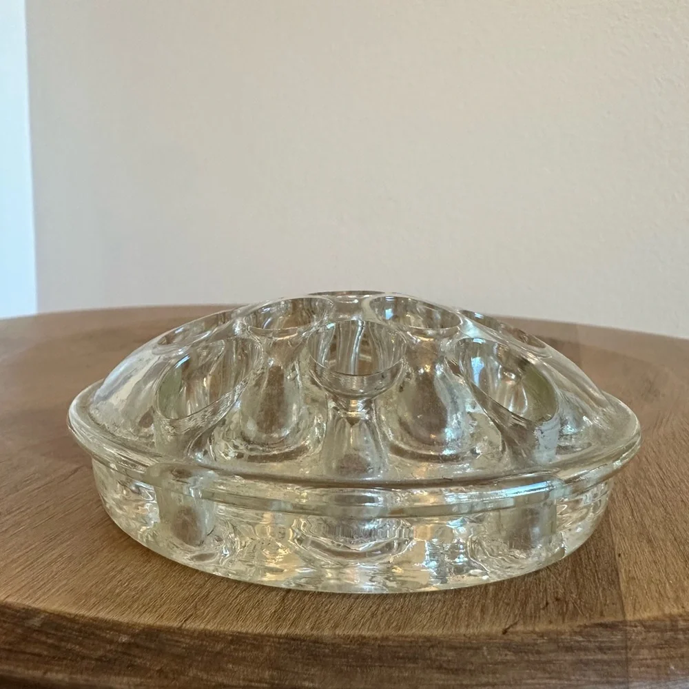 Vintage Floral Frog 4 Inch Wide 16 Holes Clear Glass Floral Domed Round Flower